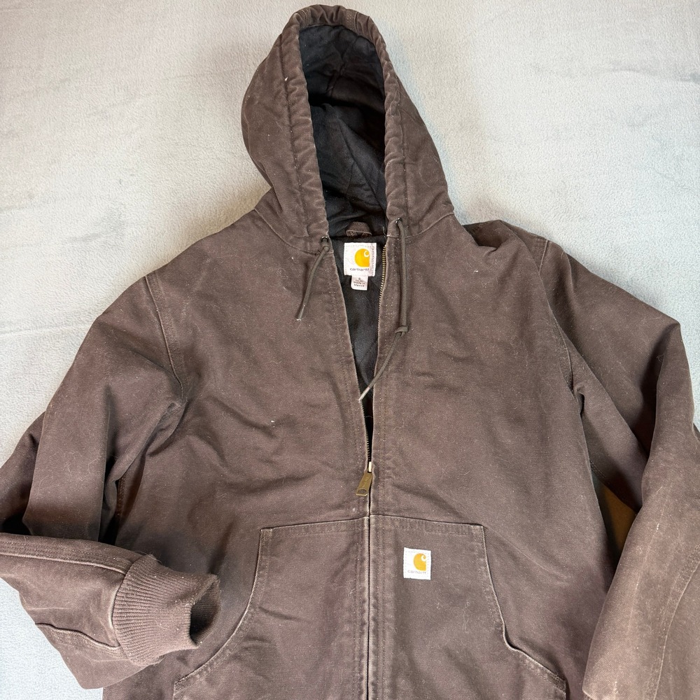 Carhartt WJ130 DKB Active Jacket Brown Quilted Flannel Lined Hooded Small 4/6
